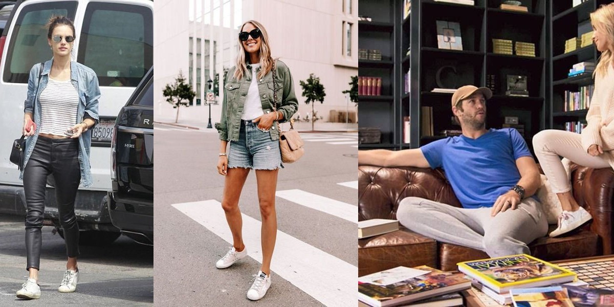 on a simple white Golden Goose tee and like gray trousers